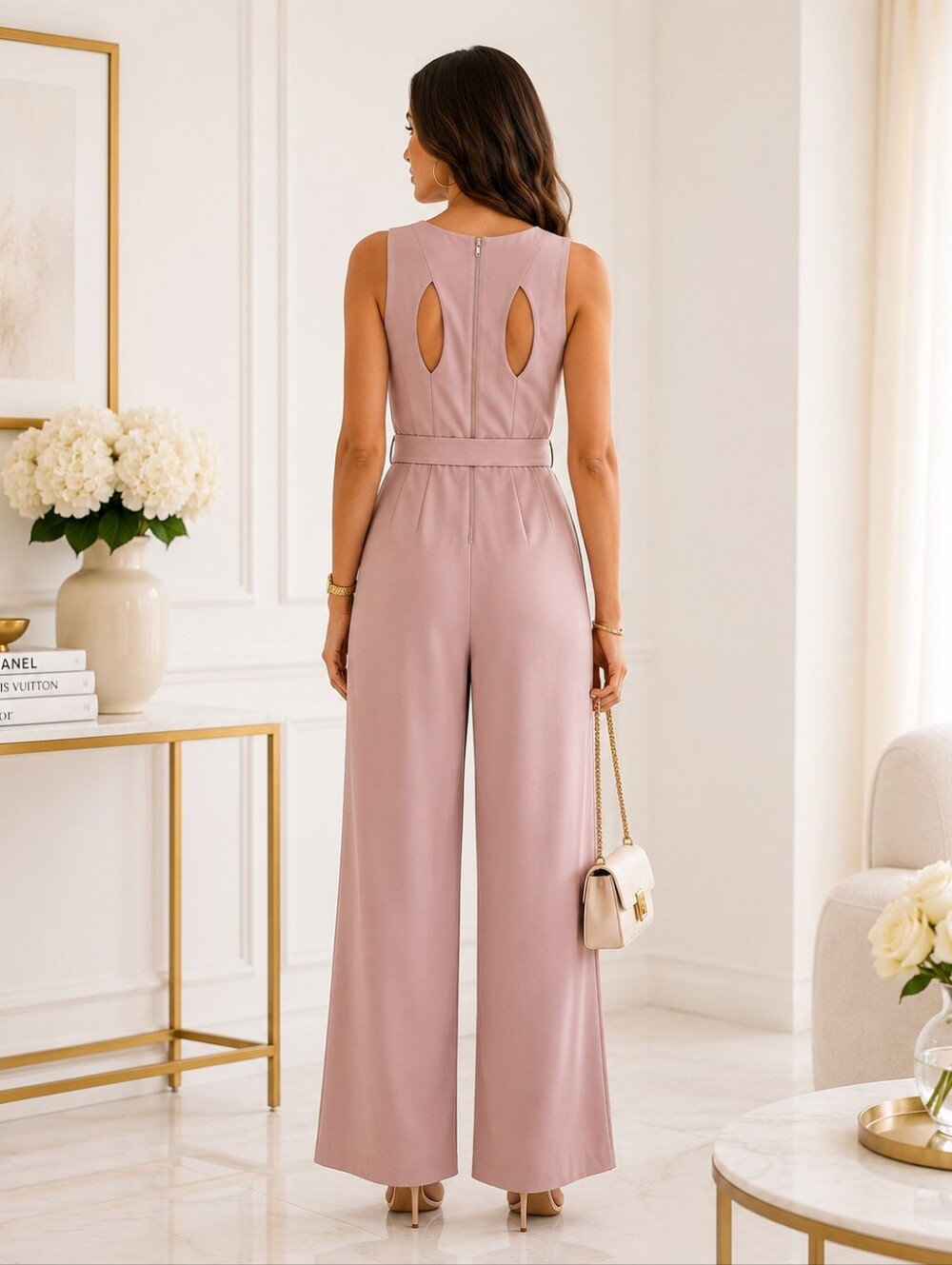 Bebe | Blush Pink Lined Wide Leg Jumpsuit Belted Sleeveless | Size Medium - Picture 2 of 8